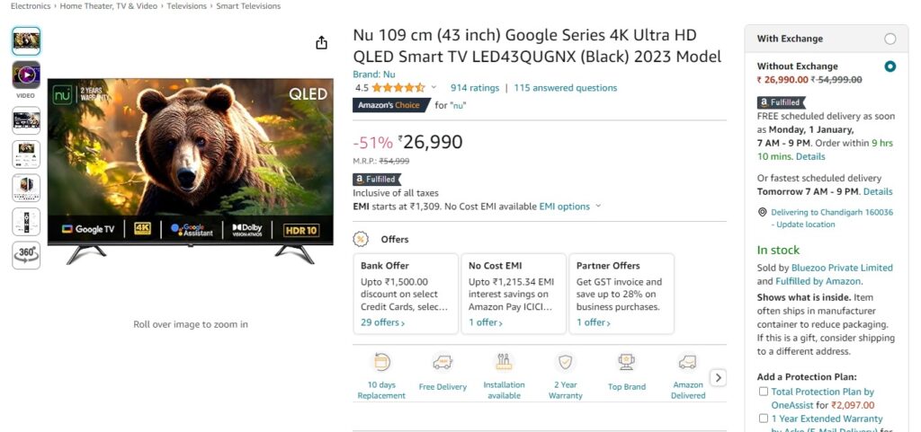 Nu 109 cm (43 inch) Google Series 4K Ultra HD QLED Smart TV LED43QUGNX (Black) 2023 Model