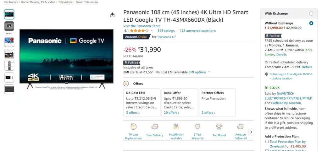 Panasonic 108 cm (43 inches) 4K Ultra HD Smart LED Google TV TH-43MX660DX (Black)