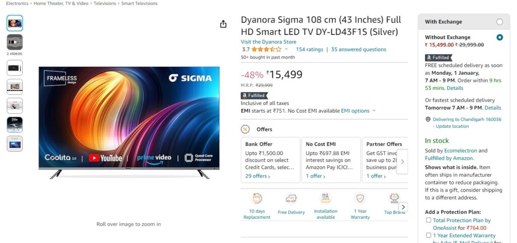 Dyanora Sigma 108 cm (43 Inches) Full HD Smart LED TV DY-LD43F1S (Silver)