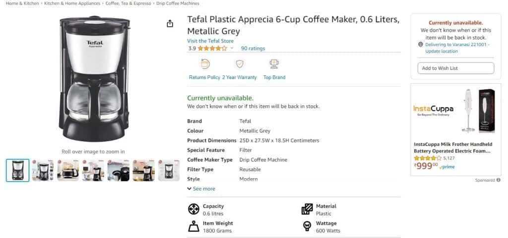 Tefal Plastic Apprecia 6-Cup Coffee Maker