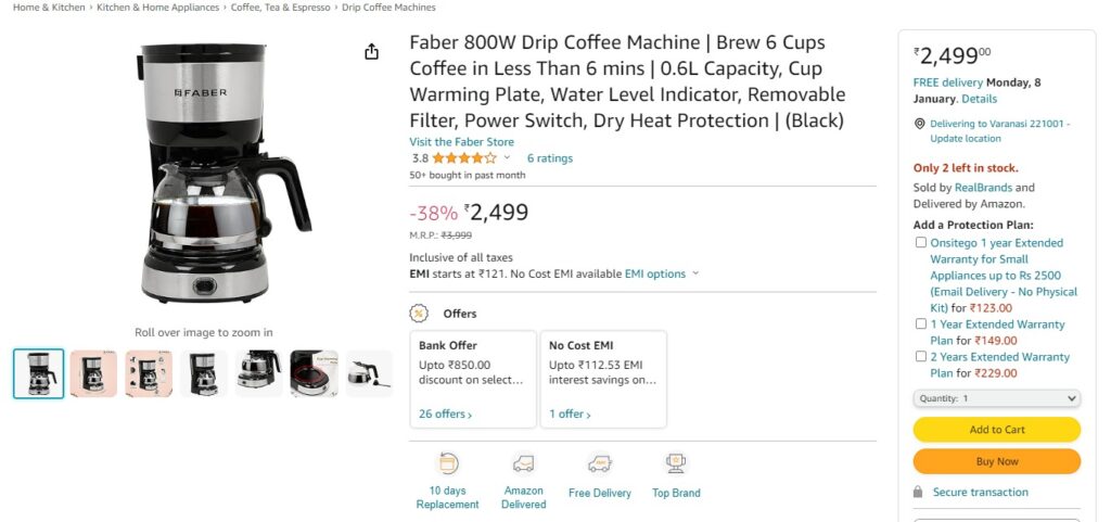 Faber 800W Drip Coffee Machine
