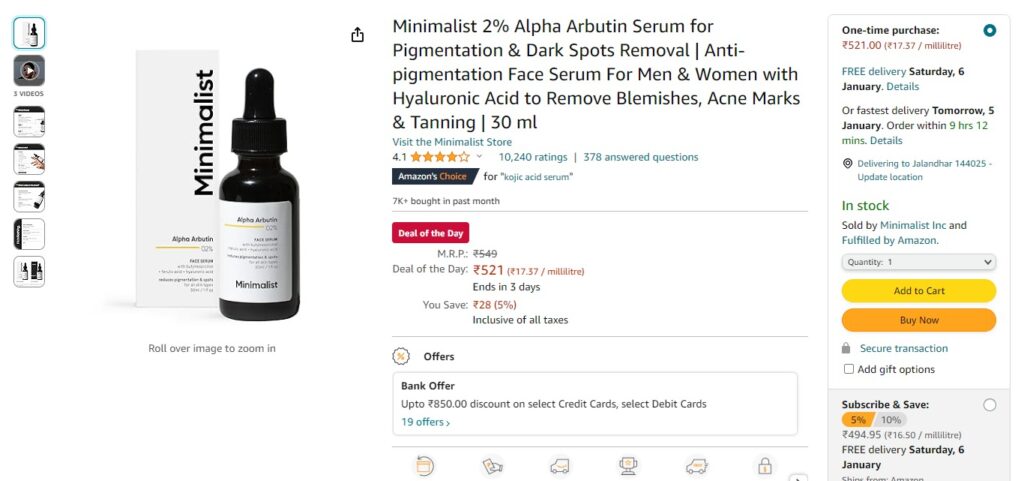 Minimalist 2% Alpha Arbutin Serum for Pigmentation & Dark Spots Removal 