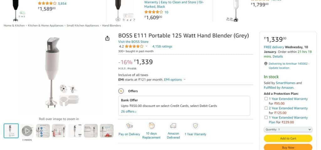 BOSS E111 Portable 125 Watt Hand Blender