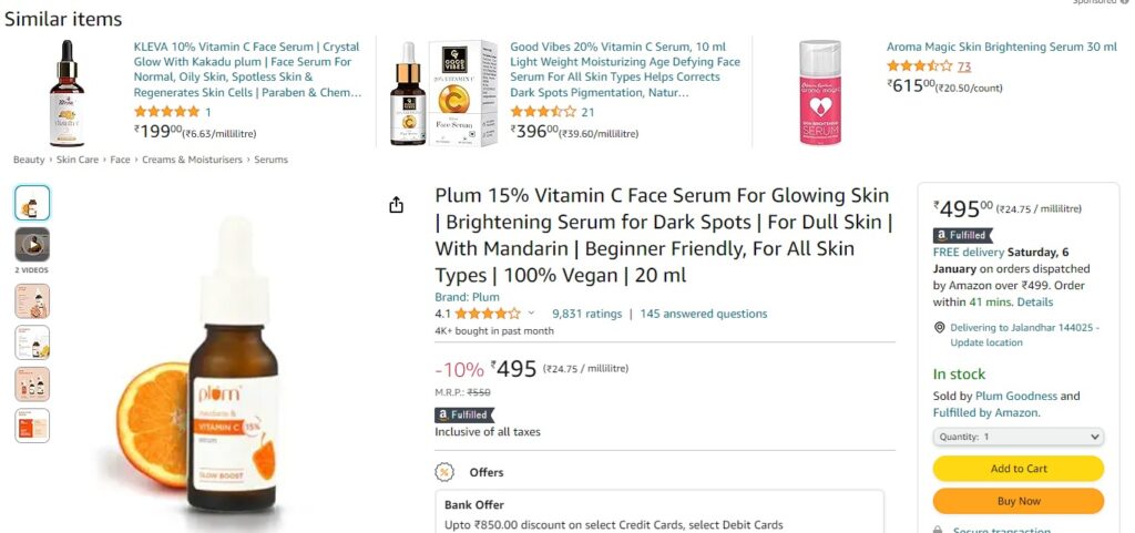 Plum 15% Vitamin C Face Serum For Glowing Skin