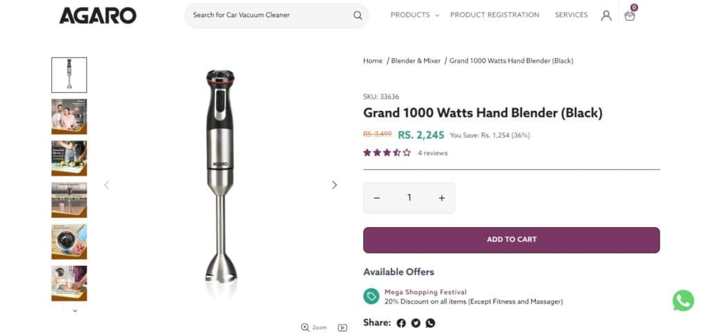 AGARO Grand 1000 Watts Hand Blender
