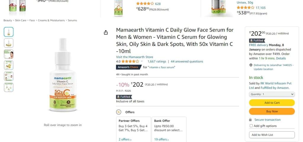 Mamaearth Vitamin C Daily Glow Face Serum for Men & Women