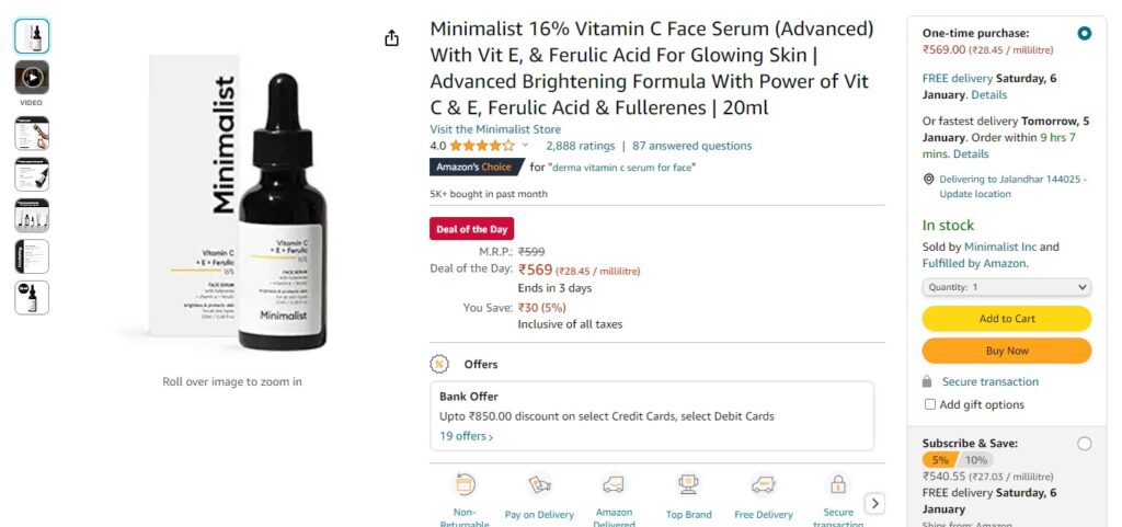 Minimalist 16% Vitamin C Face Serum (Advanced) With Vit E, & Ferulic Acid For Glowing Skin