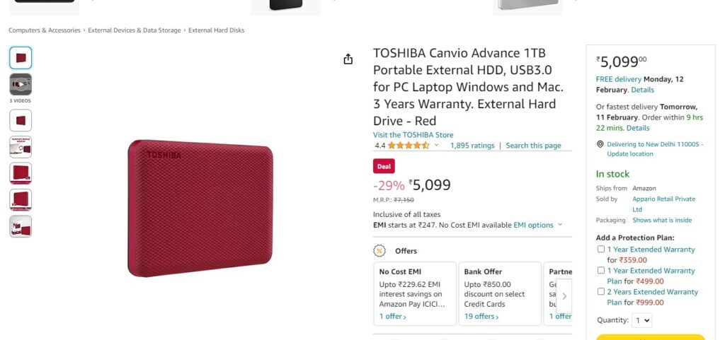 TOSHIBA Canvio Advance 1TB Portable External HDD, USB3.0 for PC Laptop Windows and Mac. 3 Years Warranty. External Hard Drive - Red