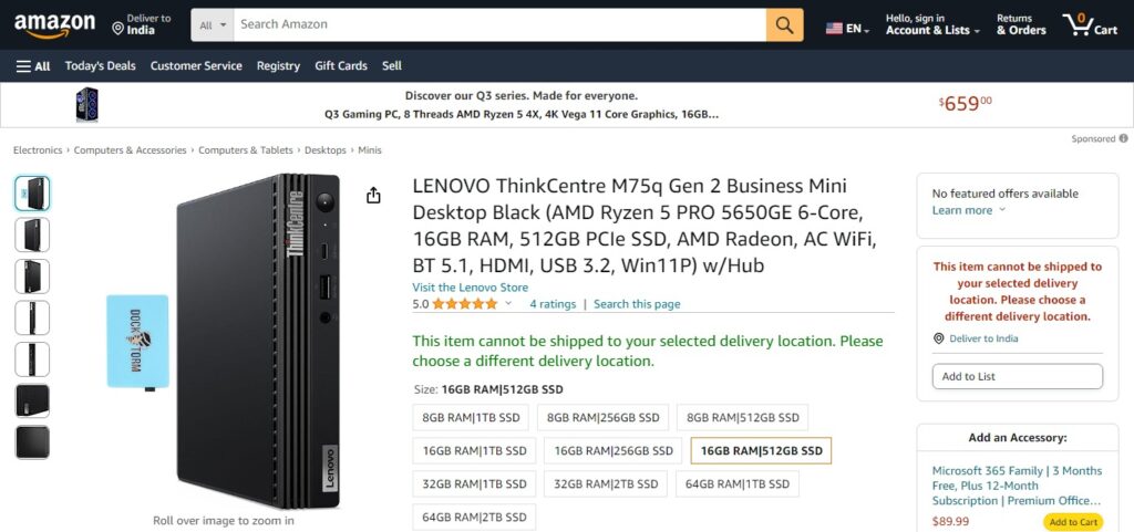 Lenovo ThinkCentre M75q Tiny Desktop - AMD Ryzen 5, 8GB RAM, 256GB SSD 