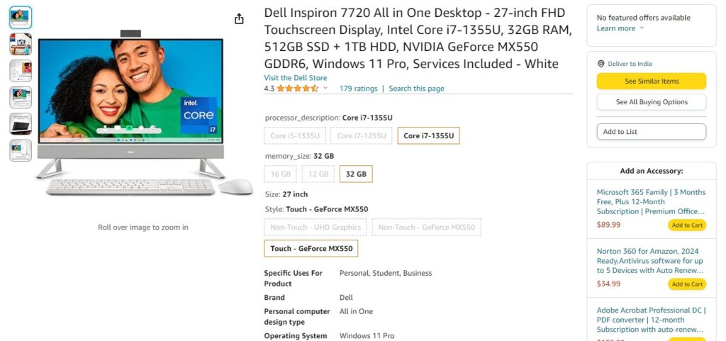Dell Inspiron 27 7720 Intel i7 MX550 Dual Drive AIO Desktop