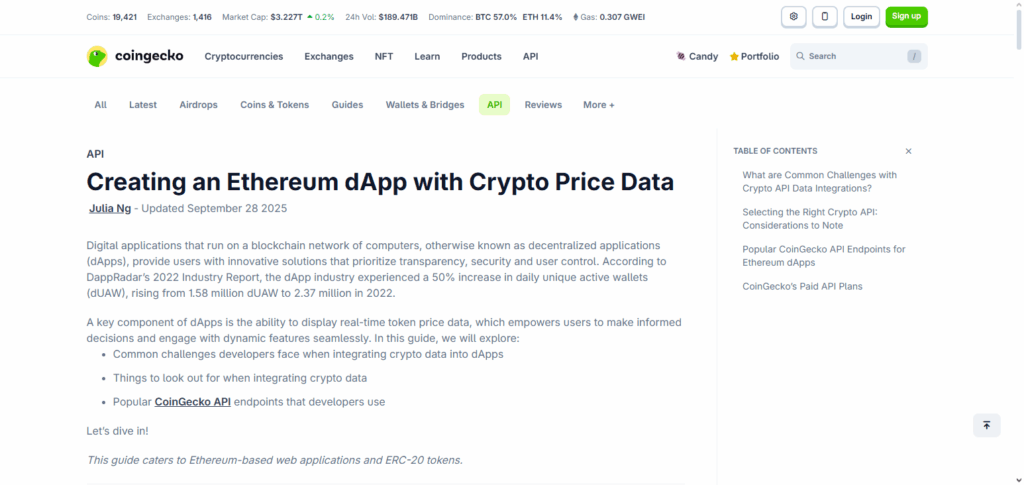 CoinGecko DApp Section